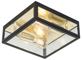 Industriële buiten plafondlamp zwart met goud 2-lichts - Rotterdam Industriele / Industrie / Industrial E27 Buitenverlichting vierkant