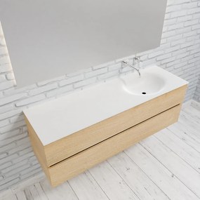 Zaro Sevilla Solid Surface badmeubel 150cm licht eiken zonder kraangat spoelbak rechts met 2 lades