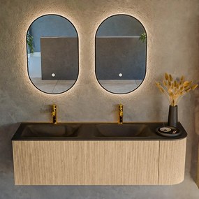 Mondiaz Kurve 145cm badmeubel ronding rechts oak met 1 lade en deur en wastafel cloud dubbel/links 2 kraangaten urban