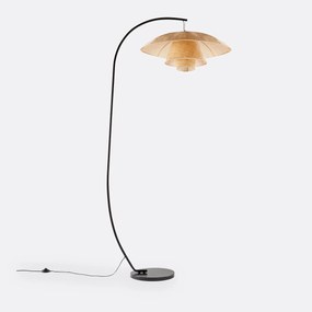 Boogvormige staande lamp in staal en rotan, Lola