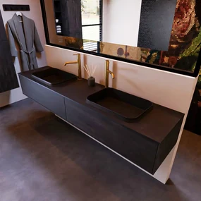 Mondiaz Erin 200cm badmeubel Dark Brown met 2 lades en zwarte wastafel dubbel 2 kraangaten
