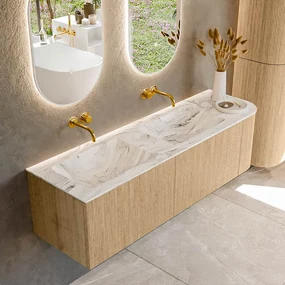 Mondiaz Kurve-dlux 155cm badmeubel ronding rechts oak met 2 lades en 1 deur en wastafel leaf dubbel/links zonder kraangat glace