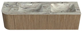 Mondiaz Kurve-dlux 155cm badmeubel ronding links dusk met 2 lades en 1 deur en wastafel leaf dubbel/rechts 2 kraangaten glace