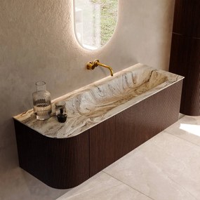 Mondiaz Kurve-dlux 135cm badmeubel ronding links ruby met 1 lade en deur en wastafel big medium rechts zonder kraangat glace