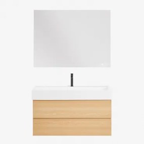 Badkamermeubelset Van Hout En Essenhoutfineer Met Geïntegreerde Wastafel Ona Natuurlijk Hout & Rectangular Led And Antifog 120x90 Cm - Sklum