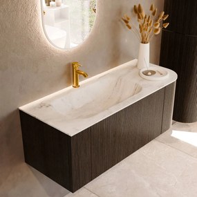 Mondiaz Kurve-dlux 115cm badmeubel ronding rechts shadow met 1 lade en deur en wastafel big small kraangat links opalo