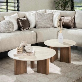 Salontafelset Rond Hout En Travertin