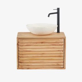 Deleyna Zwevend Houten Badkamermeubelset Natuurlijk Hout & Rond Cement Wit Ø40 Cm Zavion & Spiegelloze & Mat Zwart ↑30 Cm - Sklum