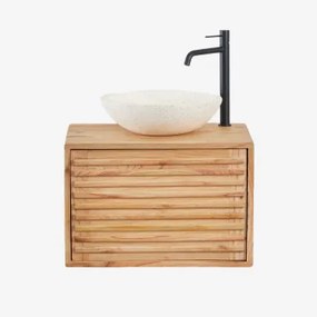 Deleyna Zwevend Houten Badkamermeubelset Natuurlijk Hout & Rond Cement Wit Ø40 Cm Zavion & Spiegelloze & Zwart ↑30 Cm Met - Sklum