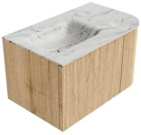 Mondiaz Kurve-dlux 75cm badmeubel ronding rechts oak met 1 lade en deur en wastafel grunne links zonder kraangat glace