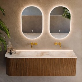 Mondiaz Kurve-dlux 145cm badmeubel ronding links dusk met 1 lade en deur en wastafel leaf dubbel/rechts zonder kraangat frappe