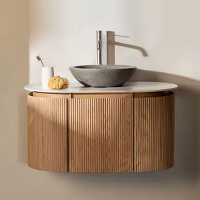 Carsone Hangend Badkamermeubelset Van Hout Natuurlijk Hout & Zonder Extra Eenheid & Rond Grijs Cement Ø40 Cm Tarsis & Spiegelloze - Sklum