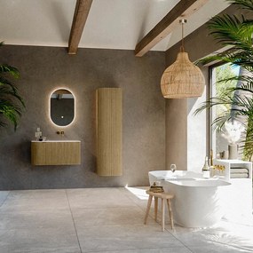 Mondiaz Kurve 85cm badmeubel ronding links dusk met 1 lade en deur en wastafel cloud rechts zonder kraangat