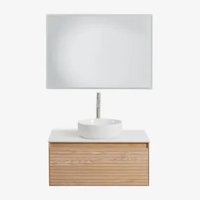 Tedrik Badkamermeubelset In Essenhout Ash Brown & Rond Keramiek Wit Ø40 Cm Lenka & Rechthoekige Led En Anticondens 100x70 Cm Tamsin & - Sklum