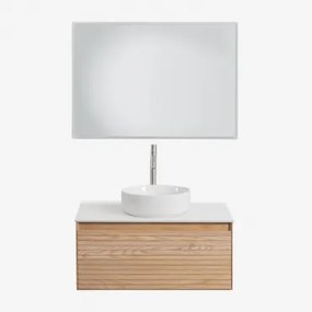 Tedrik Zwevend Badkamermeubelset 80x50 Cm In Essenhout Ash Brown & Rond Keramiek Wit Ø40 Cm Lenka & Rechthoekige Led En Anticondens 100x70 Cm Riben -