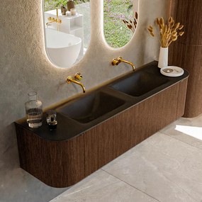 Mondiaz Kurve 170cm badmeubel ronding links/rechts walnut met 1 lade en 2 deuren en wastafel cloud dubbel zonder kraangat urban