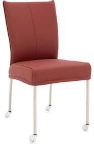 Goossens Eetkamerstoel Funk RVS Poten rood leer leuning en Transparant skater wiel met rvs kapmet wielen, modern design