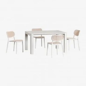 Arnadine Rechthoekige Tafelset (140x100 Cm) En 4 Omara Stapelbare Tuinstoelen Gardenia Wit - Sklum