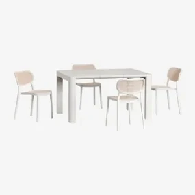 Arnadine Rechthoekige Tafelset (140x100 Cm) En 4 Omara Stapelbare Tuinstoelen Gardenia Wit - Sklum