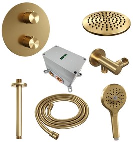 Brauer Gold Carving thermostatische inbouw regendouche met 3 standen handdouche, plafondarm en hoofddouche 20cm set 83 messing geborsteld PVD