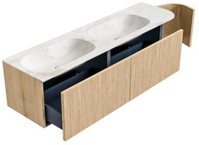Mondiaz Kurve-dlux 165cm badmeubel ronding rechts oak met 2 lades en 1 deur en wastafel stor small dubbel/links 2 kraangaten frappe