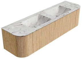 Mondiaz Kurve-dlux 170cm badmeubel ronding links/rechts oak met 1 lade en 2 deuren en wastafel leaf dubbel zonder kraangat glace