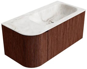 Mondiaz Kurve-dlux 95cm badmeubel ronding links ruby met 1 lade en deur en wastafel big small rechts zonder kraangat frappe