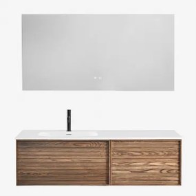 Conjunto Vaniteit Hangend 140x50 Cm In Hout Met Geïntegreerde Wastafel Solea Ash Brown & Mat Zwart ↑20 Cm Met Afvoerkraan Met Overloop Orveta & Rectan
