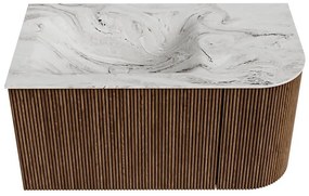 Mondiaz Kurve-dlux 85cm badmeubel ronding rechts walnut met 1 lade en deur en wastafel cloud kraangat links glace