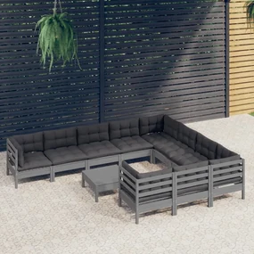 vidaXL 11-delige Loungeset met kussens grenenhout grijs