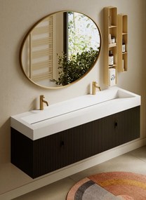 Muebles Calas badmeubel ribbelfront 160cm zwart mat met solid surface wastafel met kraangaten