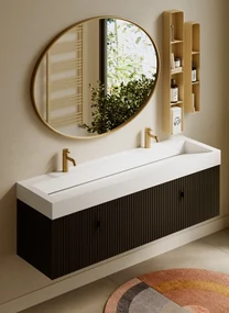 Muebles Calas badmeubel ribbelfront 160cm zwart mat met solid surface wastafel met kraangaten