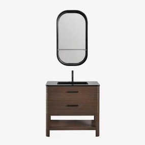 Badmeubelset 90x50 Cm Van Hout Met Geïntegreerde Wastafel Misene Mat Zwart ↑20 Cm Met Afvoerkraan Met Overloop Orveta & Donker Hout & Ovaal Met Plank