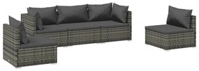 vidaXL 5-delige Loungeset met kussens poly rattan grijs