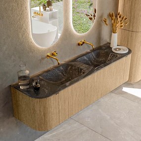 Mondiaz Kurve-dlux 170cm badmeubel ronding links/rechts oak met 1 lade en 2 deuren en wastafel leaf dubbel zonder kraangat lava