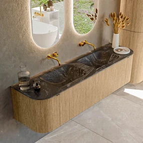 Mondiaz Kurve-dlux 170cm badmeubel ronding links/rechts oak met 1 lade en 2 deuren en wastafel leaf dubbel zonder kraangat lava