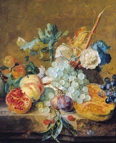 Jan van Huysum - Kunstdruk Flowers and Fruit, (35 x 40 cm)