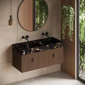 Muebles Zahora badmeubel ribbelfront 120cm walnoot met Portoro Gold wastafel zonder kraangaten