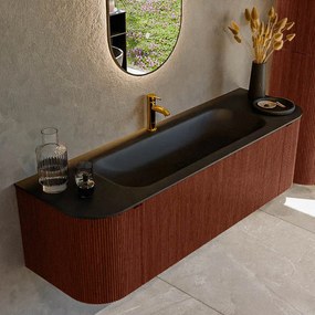 Mondiaz Kurve 150cm badmeubel ronding links/rechts ruby met 1 lade en 2 deuren en wastafel big medium midden 1 kraangat urban