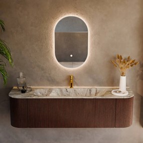 Mondiaz Kurve-dlux 160cm badmeubel ronding links/rechts ruby met 1 lade en 2 deuren en wastafel big medium midden 1 kraangat glace
