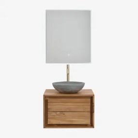 Jabari Teakhouten Badkamermeubelset Teakhout & Rond Grijs Cement Ø40 Cm Tarsis & Rechthoekige Led En Anticondens 60x70 Cm Riben & Goud - Sklum