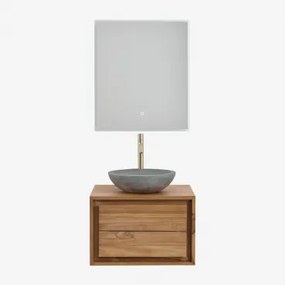 Jabari Zwevend Badkamermeubelset Van Teakhout Teakhout & Rond Grijs Cement Ø40 Cm Tarsis & Rechthoekige Led En Anticondens 60x70 Cm Riben - Sklum