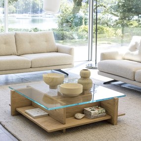 Salontafel, zandkleurig eikenfineer, gehard glas, Laby
