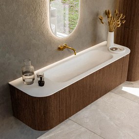 Mondiaz Kurve 160cm badmeubel ronding links/rechts walnut met 1 lade en 2 deuren en wastafel big medium midden zonder kraangat