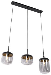 Design hanglamp zwart met goud en smoke glas 3-lichts - Kyan