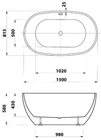 Aqualine Douro vrijstaande badkuip 150x80cm glans wit