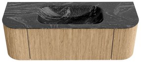 Mondiaz Kurve-dlux 130cm badmeubel ronding links/rechts oak met 1 lade en 2 deuren en wastafel big small midden zonder kraangat lava