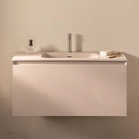 Macrae Zwevend Houten Badkamermeubelset Met Geïntegreerde Wastafel Beige – Linnen & Spiegelloze & ↔︎ 100 Cm & Geborsteld Grijs ↑20 Cm Me - Sklum