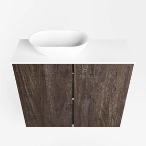 Mondiaz Fowy toiletmeubel 60cm dark brown met witte waskom links en kraangat