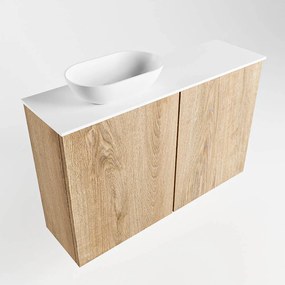 Mondiaz Fowy toiletmeubel 80cm washed oak met witte waskom links en kraangat